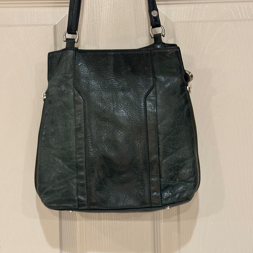 Sakip Forest Green Leather Crossbody Bag Adjustable Strap Silver Hardware